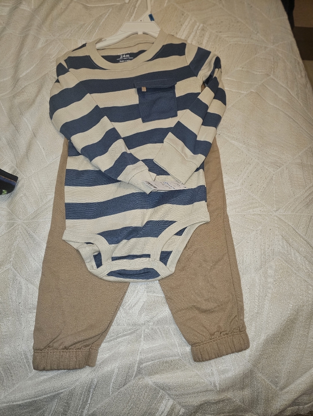 Carter's Navy and Tan Striped Long-Sleeve Bodysuit with Tan Pants